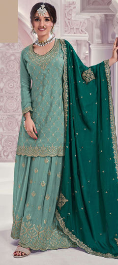 Blue color Salwar Kameez in Silk fabric with Embroidered, Sequence, Thread, Zari work