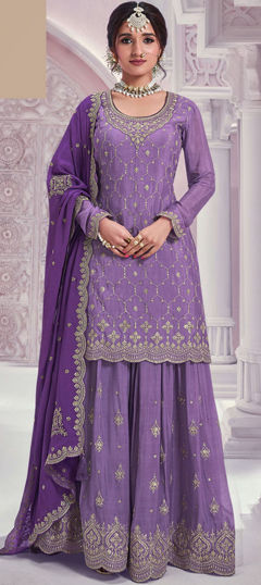 Purple and Violet color Salwar Kameez in Silk fabric with Embroidered, Sequence, Thread, Zari work