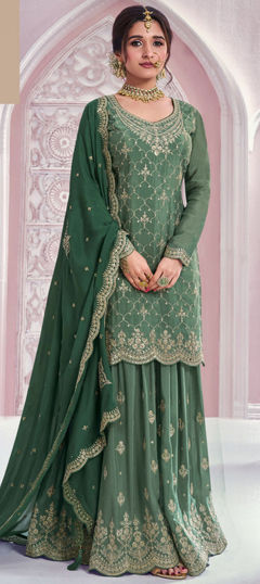 Green color Salwar Kameez in Silk fabric with Embroidered, Sequence, Thread, Zari work