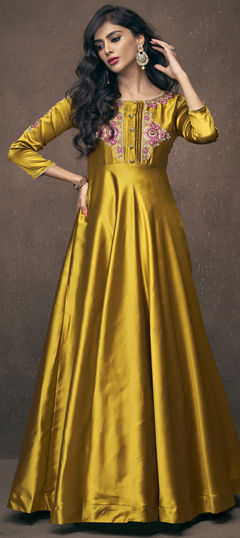 Gold color Gown in Taffeta Silk fabric with Embroidered, Resham, Stone, Thread, Zari work