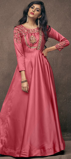 Pink and Majenta color Gown in Taffeta Silk fabric with Embroidered, Resham, Stone, Thread, Zari work