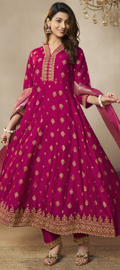 Pink and Majenta color Salwar Kameez in Silk fabric with Embroidered, Printed, Thread, Zari work