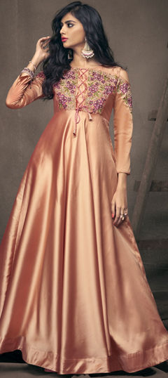 Pink and Majenta color Gown in Taffeta Silk fabric with Embroidered, Resham, Stone, Thread, Zari work