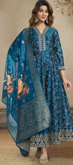 Blue color Salwar Kameez in Silk fabric with Embroidered, Printed, Thread, Zari work