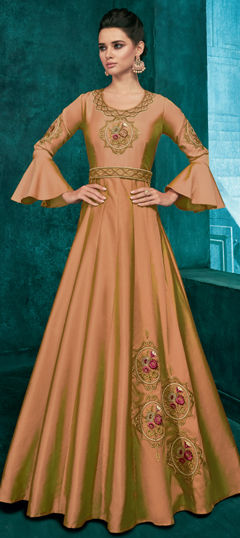 Beige and Brown color Gown in Silk fabric with Embroidered, Stone, Thread work