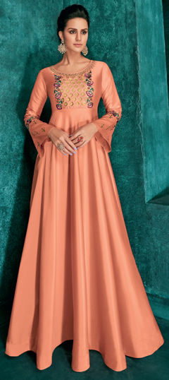 Pink and Majenta color Gown in Silk fabric with Embroidered, Stone, Thread work