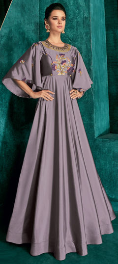 Black and Grey color Gown in Silk fabric with Embroidered, Stone, Thread work