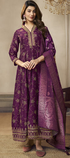 Purple and Violet color Salwar Kameez in Silk fabric with Embroidered, Printed, Thread, Zari work