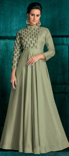 Green color Gown in Silk fabric with Embroidered, Resham, Thread work