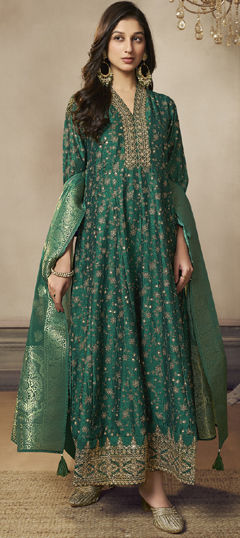 Green color Salwar Kameez in Silk fabric with Embroidered, Printed, Thread, Zari work