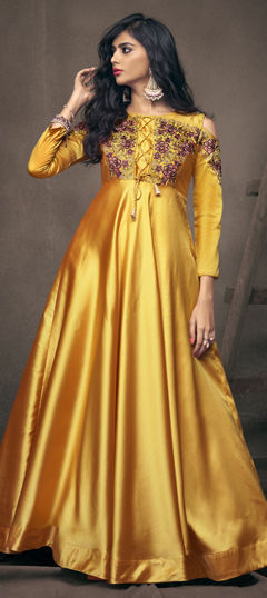Yellow color Gown in Taffeta Silk fabric with Embroidered, Resham, Stone, Thread work