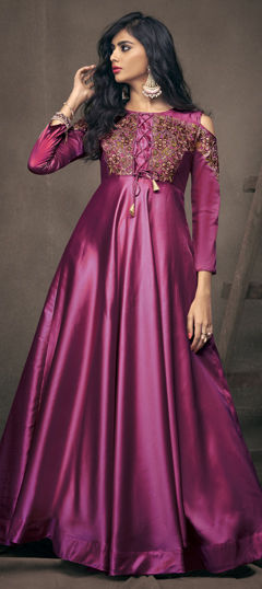 Orange color Gown in Taffeta Silk fabric with Embroidered, Resham, Stone, Thread work