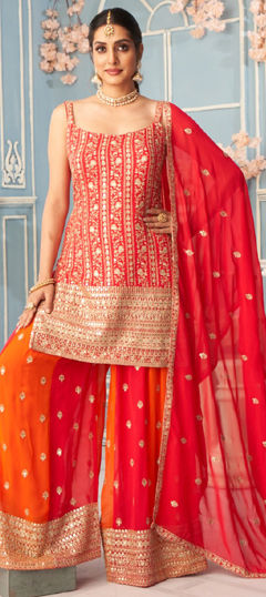 Red and Maroon color Salwar Kameez in Georgette fabric with Embroidered, Sequence, Thread, Zari work