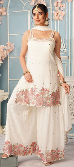 White and Off White color Salwar Kameez in Georgette fabric with Embroidered, Resham, Thread work