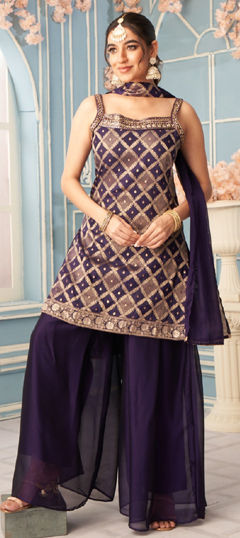 Purple and Violet color Salwar Kameez in Silk fabric with Bugle Beads, Cut Dana, Weaving work