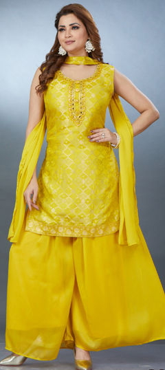 Yellow color Salwar Kameez in Silk fabric with Bugle Beads, Cut Dana, Weaving work