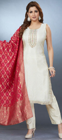 White and Off White color Salwar Kameez in Silk fabric with Embroidered, Sequence, Thread, Zari work