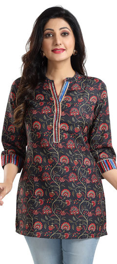 Black and Grey color Kurti in Rayon fabric with Printed, Sequence work