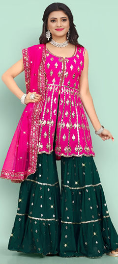 Pink and Majenta color Salwar Kameez in Faux Georgette fabric with Embroidered, Mirror, Thread, Zari work