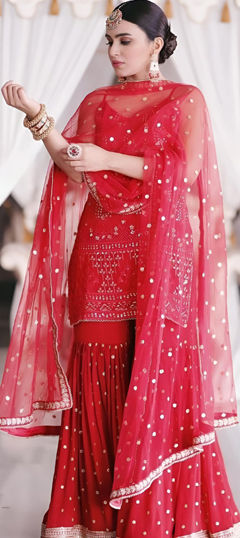 Red and Maroon color Salwar Kameez in Georgette fabric with Embroidered, Sequence, Thread work