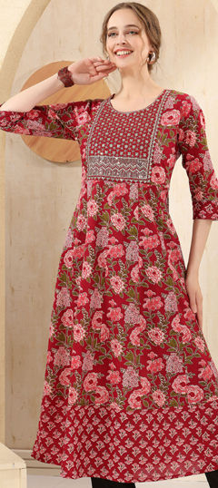 Red and Maroon color Kurti in Cotton fabric with Embroidered, Floral, Printed, Sequence, Thread work