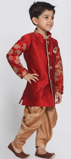 Red and Maroon color Boys Indo-Western in Dupion Silk fabric with Embroidered, Resham, Thread work