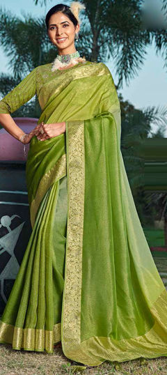 Green color Saree in Silk fabric with Sequence, Weaving work