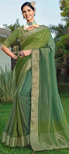 Green color Saree in Silk fabric with Sequence, Weaving work