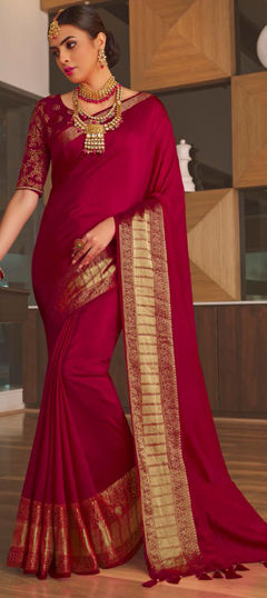 Red and Maroon color Saree in Silk fabric with Weaving, Zari work