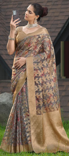 Black and Grey color Saree in Silk fabric with Printed, Weaving work