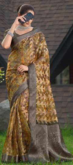 Gold color Saree in Silk fabric with Printed, Weaving work