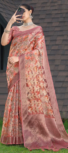 Pink and Majenta color Saree in Silk fabric with Printed, Weaving work