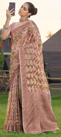 Beige and Brown color Saree in Silk fabric with Floral, Printed, Weaving work