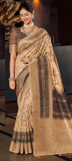 Beige and Brown color Saree in Silk fabric with Weaving, Zari work