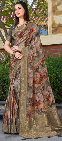 Multicolor color Saree in Silk fabric with Printed, Weaving work