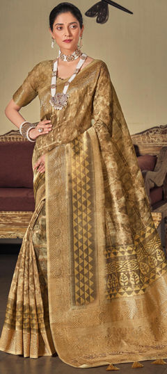 Beige and Brown color Saree in Silk fabric with Weaving, Zari work