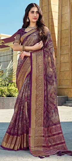 Pink and Majenta color Saree in Silk fabric with Printed, Weaving work