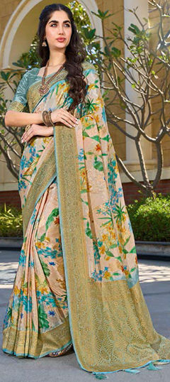 Beige and Brown color Saree in Silk fabric with Floral, Printed, Weaving work