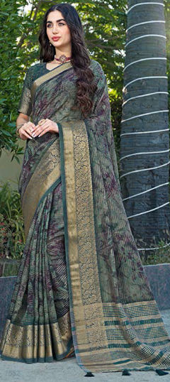 Green color Saree in Silk fabric with Printed, Weaving work