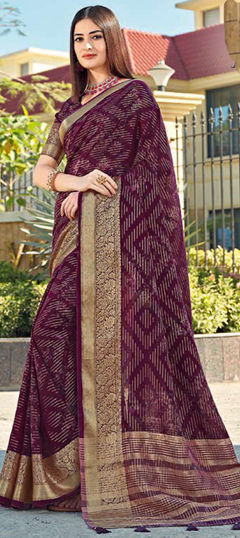 Pink and Majenta color Saree in Silk fabric with Printed, Weaving work