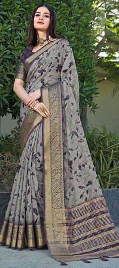 Black and Grey color Saree in Silk fabric with Printed, Weaving work