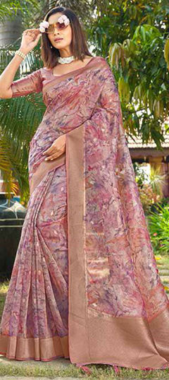 Pink and Majenta color Saree in Silk fabric with Printed, Weaving work