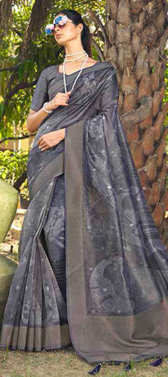 Black and Grey color Saree in Silk fabric with Printed, Weaving work