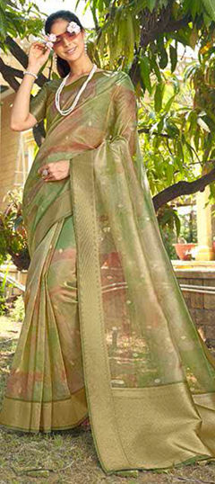 Green color Saree in Silk fabric with Printed, Weaving work