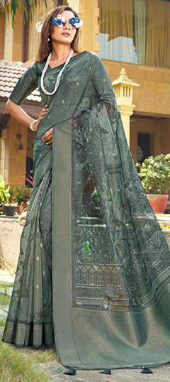 Blue color Saree in Silk fabric with Printed, Weaving work