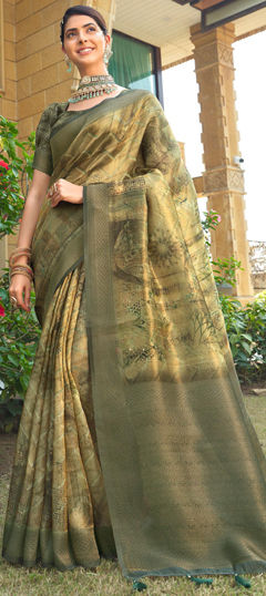 Gold color Saree in Silk fabric with Weaving work