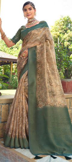 Beige and Brown, Green color Saree in Silk fabric with Weaving work