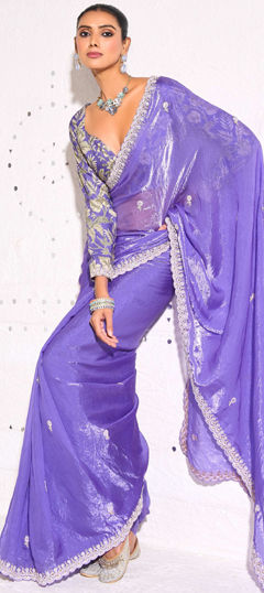 Purple and Violet color Saree in Tissue fabric with Embroidered, Resham, Thread work