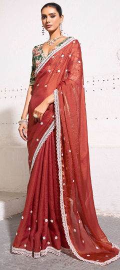 Red and Maroon color Saree in Tissue fabric with Embroidered, Thread work