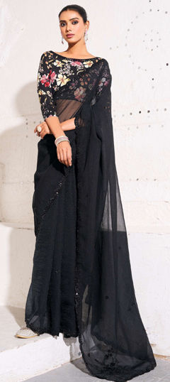 Black and Grey color Saree in Tissue fabric with Sequence, Thread work